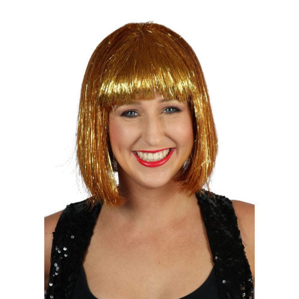 Gold tinsel bob wig for Egyptian goddess, disco, or futuristic costumes, lightweight and shiny deluxe party wig.