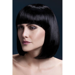 Elise black blunt long bob wig with centre part and faux skin crown, 33cm heat-resistant synthetic wig