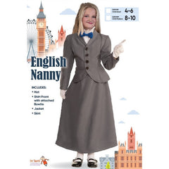 English nanny child costume, grey jacket, shirt front with attached bow tie, long skirt and hat.