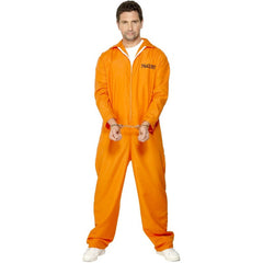 Orange escaped prisoner jumpsuit costume with printed number and zip front