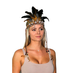 Skulls and bones festival headpiece with feathers beads and leather-look trim