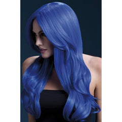 Fever Khloe Wig in neon blue with long wavy 66cm style and centre parting – heat-resistant synthetic wig with faux skin crown.