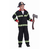 Boy wearing a black fireman costume with reflective trim for Book Week, school dress-up and firefighter role play.