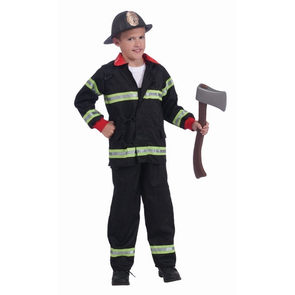 Boy wearing a black fireman costume with reflective trim for Book Week, school dress-up and firefighter role play.