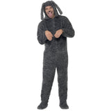 Fluffy dog costume, all in one jumpsuit with plush grey fur attached hood with floppy ears.