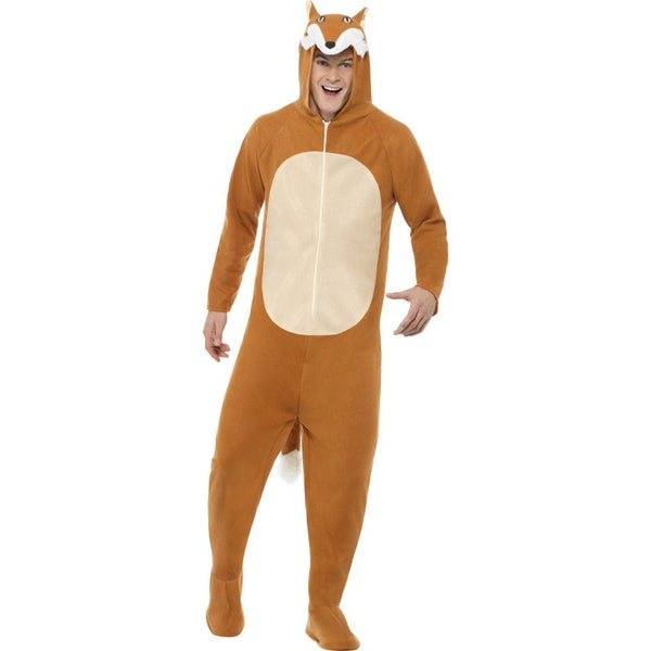 Fox all in one costume in light brown with cream tummy attached hood with cute face, tail and shoe covers.