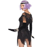 Foxtrot flapper costume in black to hire, sheer shoulders with gringing, short sequin dress with angle fringing.