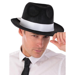 Black feltex gangster hat with white band, adult size costume accessory by Dr Toms