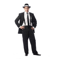 1920s gangster pinstripe suit costume with hat and braces for hire in Brisbane