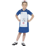 Girl wearing a blue nurse costume with white apron for Book Week, school dress-up, career day and role play.
