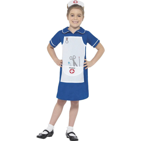 Girl wearing a blue nurse costume with white apron for Book Week, school dress-up, career day and role play.