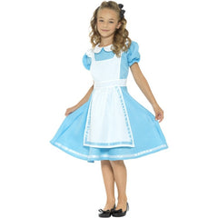 Wonder princess costume for girls, blue knee length dress, puffy sleeves, attached apron, white peter pan collar and headband.