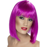 Neon Purple Bob Wig in long bob style with blunt fringe – synthetic fibre, perfect for 80s retro looks, cosplay, or bold costume parties.
