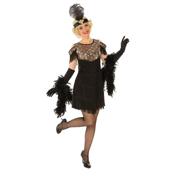 gold flapper costume for adults. gold sequin detail in the shape of feathers on bodice. Black fringing from bust down, gold  and black sleeve accent with fringing.