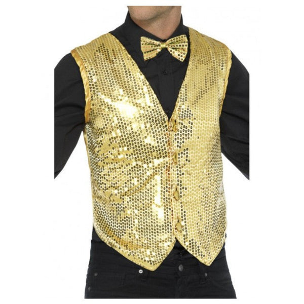 Gold Sequin Waistcoat. The vest has sequin at the front and satin back.