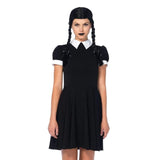 Black gothic dress with white collar front view hire costume close up