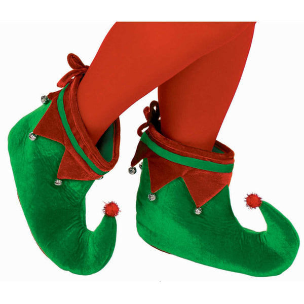 Adult green and red elf shoes with curled toes, Christmas costume footwear