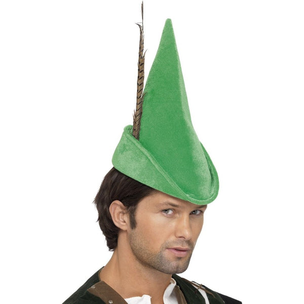 Green robin hood hat with feather, holds shape well.