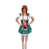 Gretel Green Dirndl Oktoberfest costume with lace-up bodice, puff sleeves, braid-trimmed apron and separate petticoat