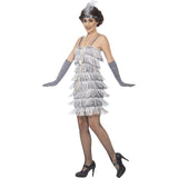 Silver flapper dress, fringing back and front, short dress.