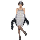 Silver flapper dress, fringing back and front, short dress.