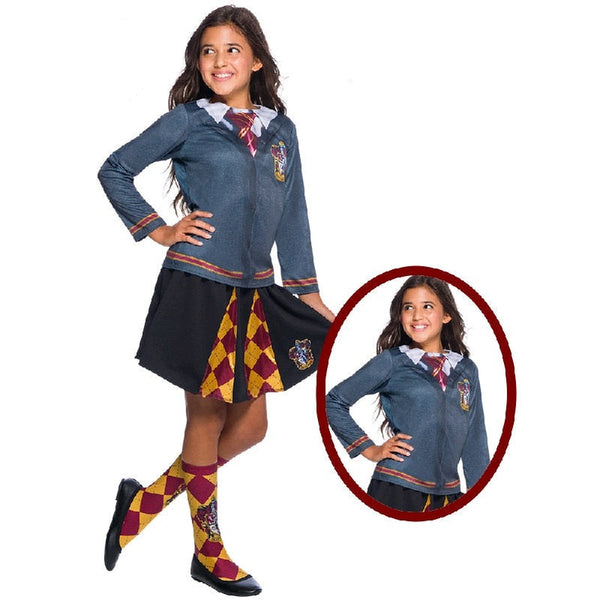 Gryffindor Costume Top - Girls, printed long sleeve top. in cardigan, skirt and tie look.