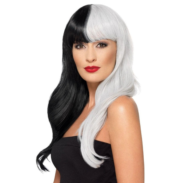 Half black and half grey long straight deluxe wig with fringe – villain or Cruella-inspired costume wig