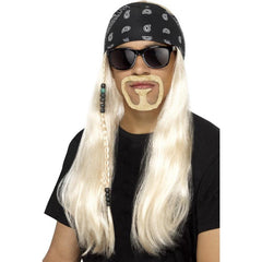 hard rocker kit includes, long blonde wig, bandana, beard and dark glasses.
