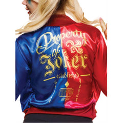 Adult Harley Quinn costume kit with red and blue bomber jacket and printed shirt front