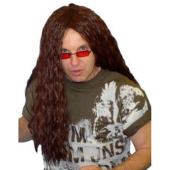 Long dark brown rocker wig with wavy layers and centre part