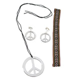 Hippie Accessory Set peace sign necklace, clip-on earrings, and woven headband for 60s and 70s costumes