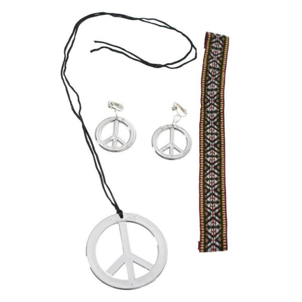 Hippie Accessory Set peace sign necklace, clip-on earrings, and woven headband for 60s and 70s costumes