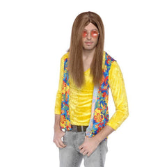 Brown hippie wig with long centre part, unisex 60s and 70s costume wig made from smooth synthetic fibre.