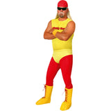 1980s wrestler costume in yellow and red with bandana and sunglasses