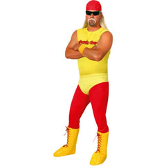 1980s wrestler costume in yellow and red with bandana and sunglasses