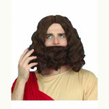 Holyman wig and beard set in dark brown with shoulder-length wavy hair and centre part for biblical or wizard costumes.