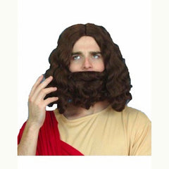 Holyman wig and beard set in dark brown with shoulder-length wavy hair and centre part for biblical or wizard costumes.