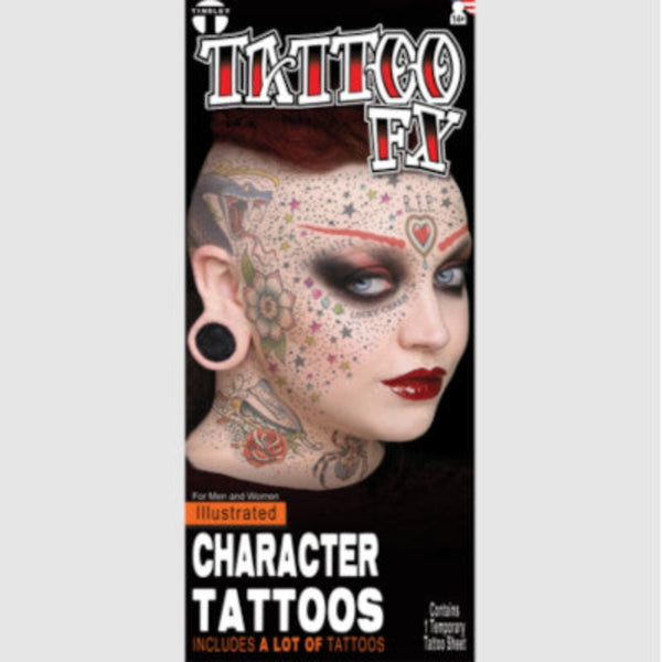 Illustrated Man temporary tattoo sheet with colourful stars, flowers, snake and RIP designs by Tinsley FX.