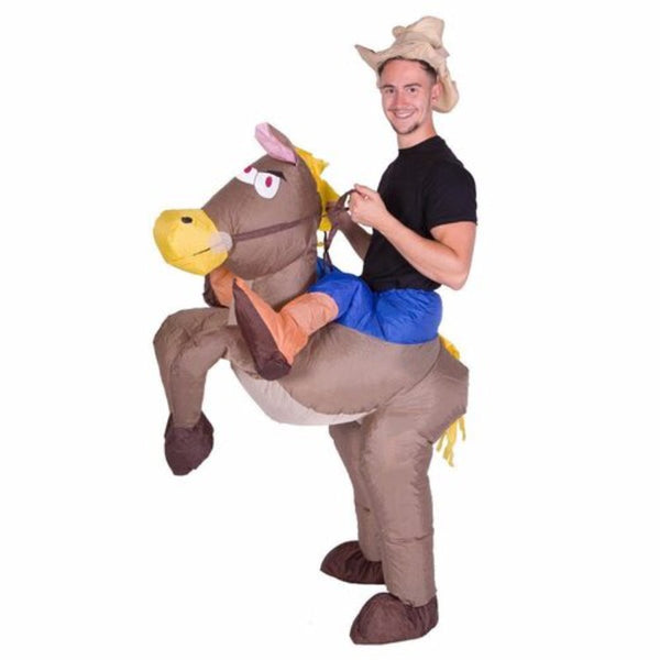 Inflatable cowboy costume, slip into the pants and comes to the waist, elastic to hold the air in, fan included.