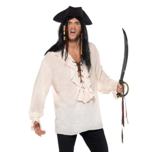 Ivory pirate shirt with lace-up front and frilled cuffs, unisex adult costume top