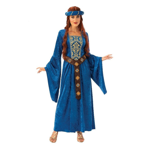 Juliet Medieval Maiden adult costume in royal blue with detailed printed bodice and full length trumpet sleeves.