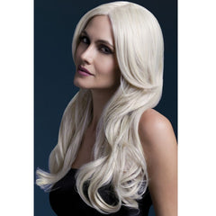 Khloe long blonde wavy wig with centre part and faux skin crown, 66cm heat-resistant synthetic hairpiece