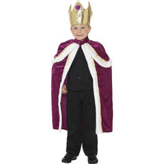 Kiddy King Cape and Crown velveteen purple cape with fur trim and gold fabric crown.
