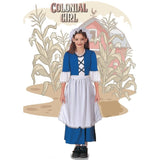 kids colonial girl costume dr toms, blue ankle length dress with white accents, apron and mop hat.