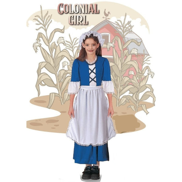 kids colonial girl costume dr toms, blue ankle length dress with white accents, apron and mop hat.