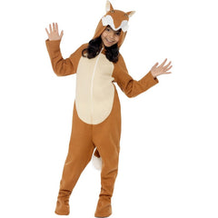 Fox costume for a child, brown jumpsuit with attached hood and tail.