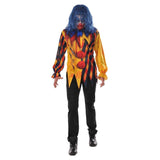 Killer clown adult costume, blood stained shirt in jester style collar and pom poms.