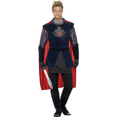 King Arthur Deluxe Men’s Medieval Costume with tunic, red cape, gloves, boot tops, and crown