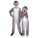 Child wearing grey koala jumpsuit with matching felt mask and printed fur