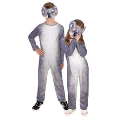 Child wearing grey koala jumpsuit with matching felt mask and printed fur